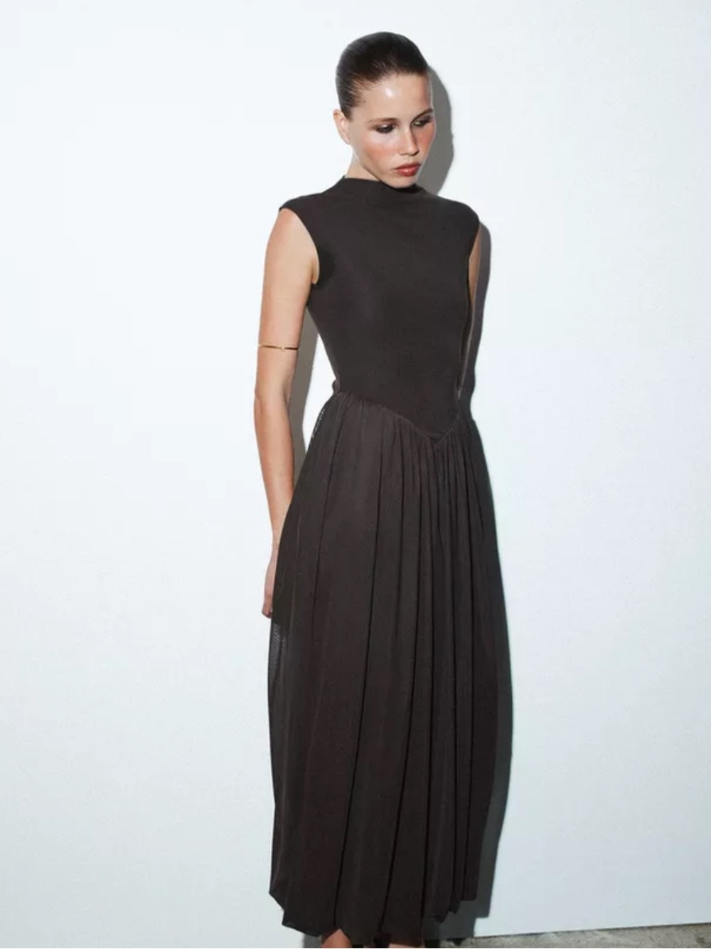 Zara Long Contrast Tulle Dress Black Mock Neck Bubble Hem NWOT Size Medium - Picture 3 of 8